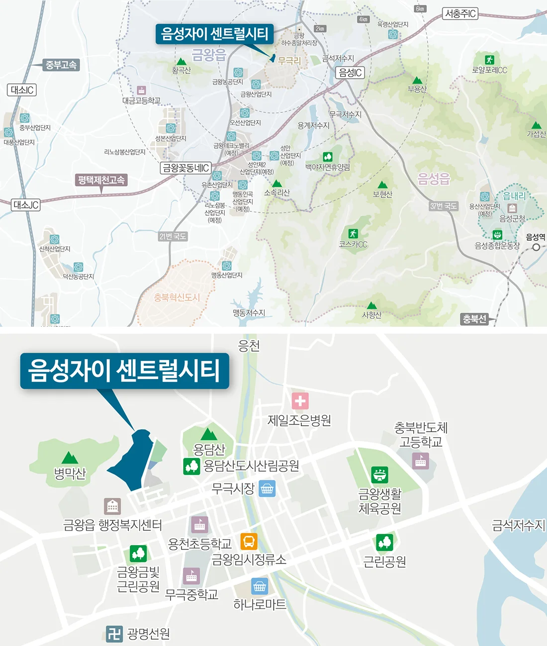 음성자이 센트럴시티 위치도 — 음성IC·평택제천고속도로·금왕 산업단지 광역도와 무극시장·용천초 주변 생활권 지도