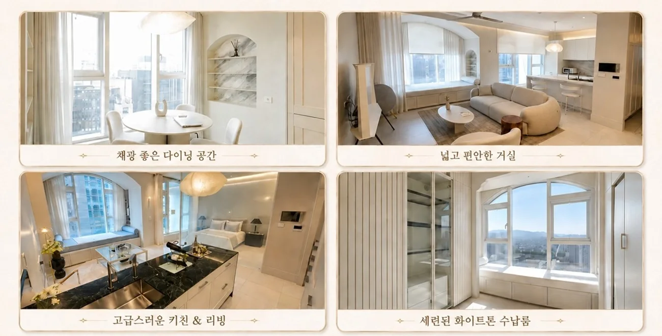 루카831 실내 사진 — 다이닝 공간, 거실, 아일랜드 키친과 리빙, 화이트톤 수납룸