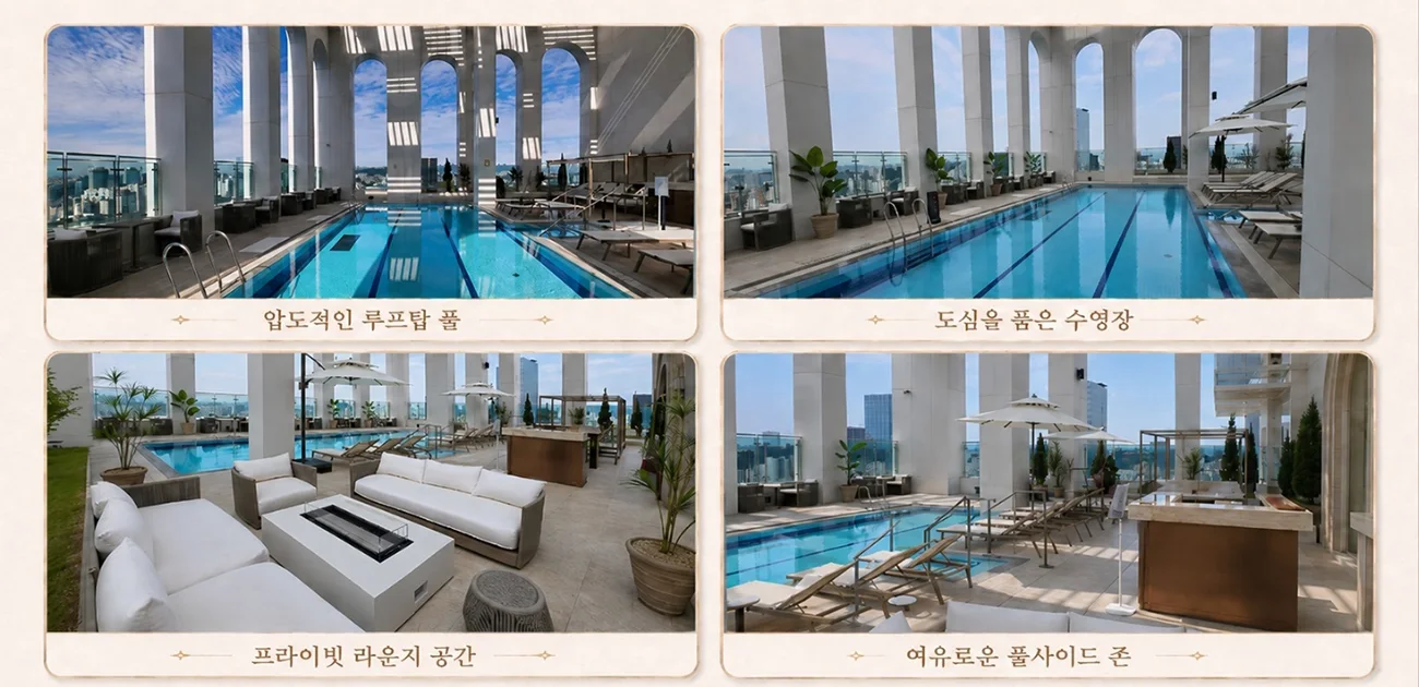 루카831 29층 루프탑 인피니티풀 레인과 라운지·풀사이드 준공 사진 4컷