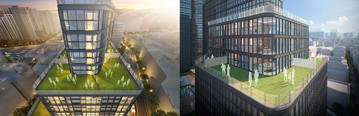 원에디션 강남 루프탑 CG — 타워 상부와 저층동 옥상에 조성한 잔디 테라스