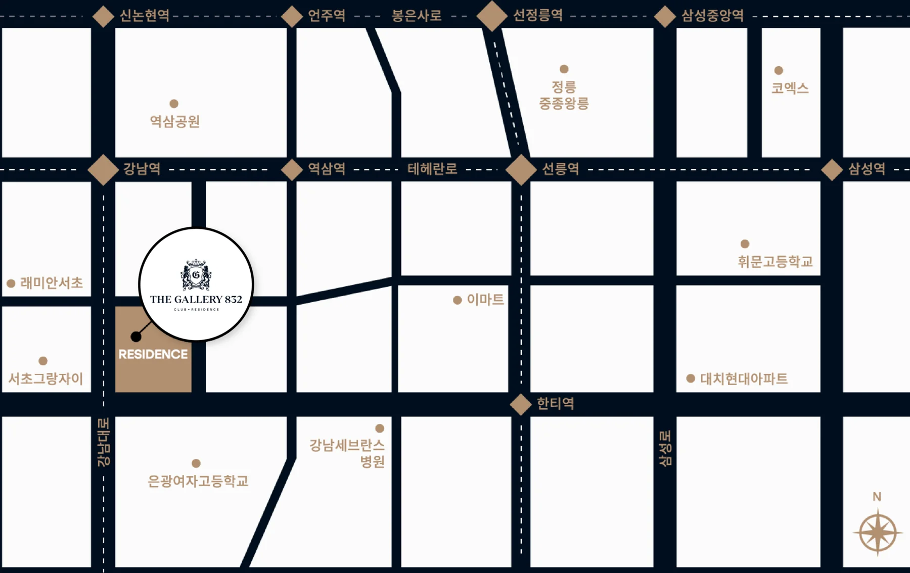 더갤러리832 위치 약도 — 강남역 남쪽 강남대로변 단지와 역삼역·선릉역·삼성역, 테헤란로·봉은사로 표시