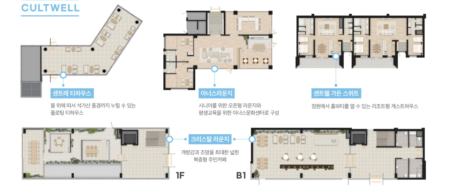 검단 센트레빌 에듀시티 컬트웰 평면 — 센트레 티하우스·아너스라운지·센트웰 가든 스위트·크리스탈 라운지