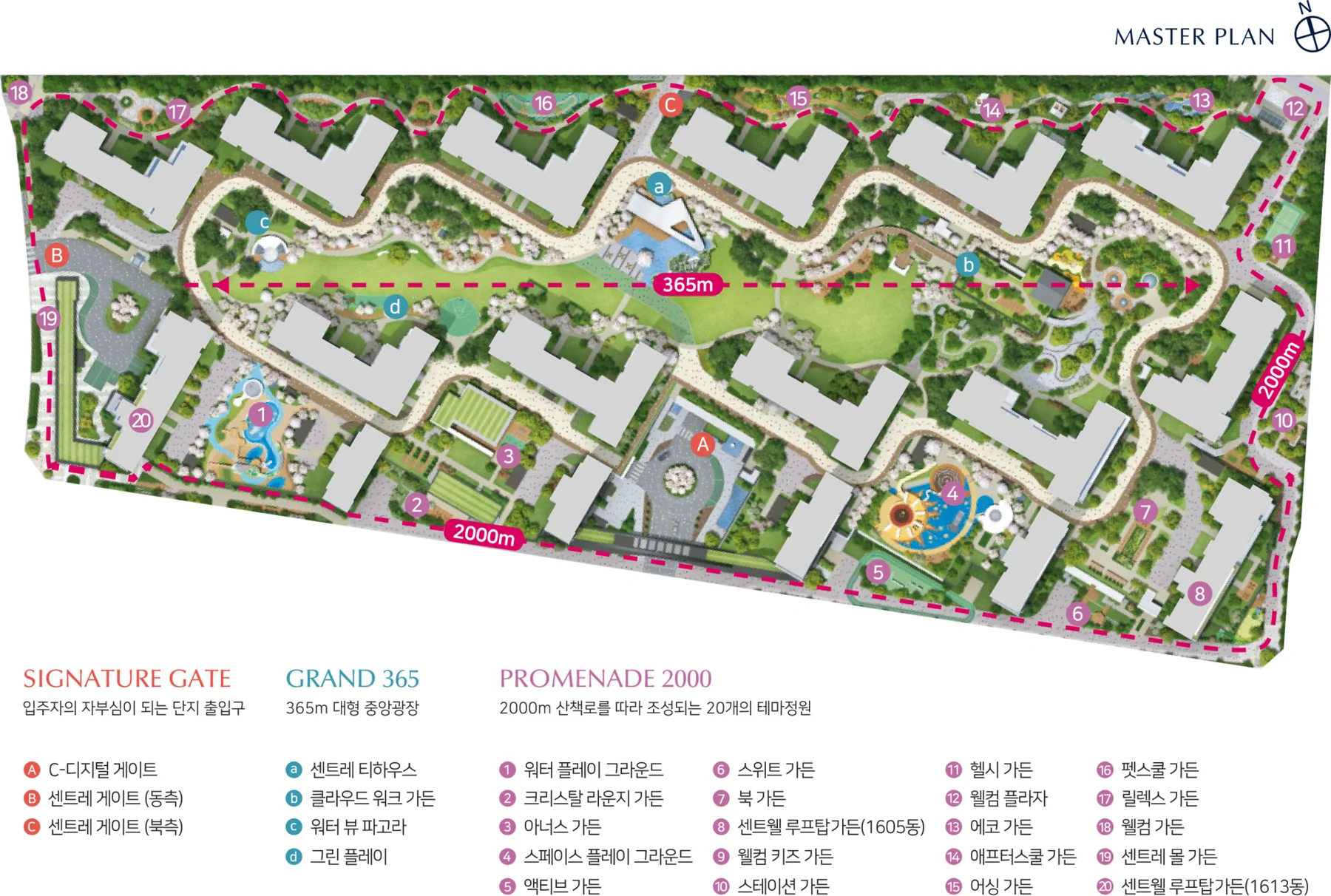 검단 센트레빌 에듀시티 조경 마스터플랜 — 365m 중앙광장과 2000m 산책로, 시설 범례