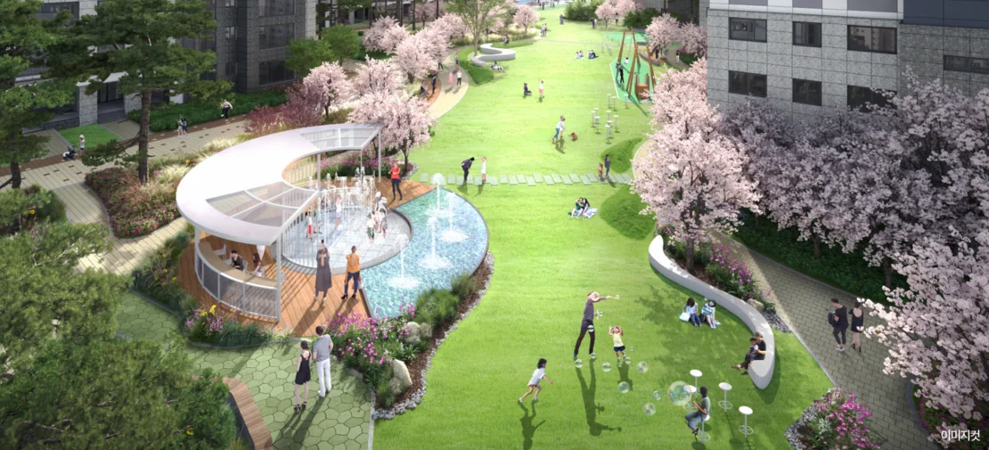 검단 센트레빌 에듀시티 중앙광장 조경 CG — 원형 파고라와 분수, 벚나무 잔디마당