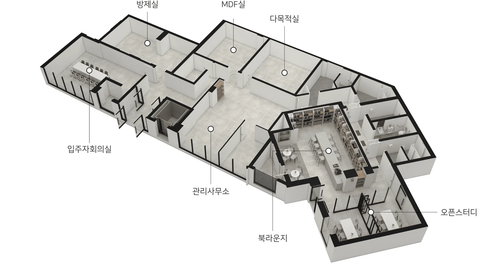 신문 대상 웰라움 라시엘 북 라운지 층 평면 투시도 - 북라운지·오픈스터디·입주자회의실·관리사무소