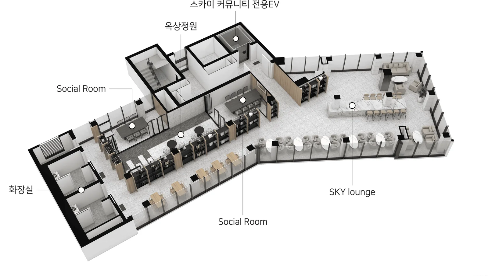 신문 대상 웰라움 라시엘 스카이 커뮤니티 평면 투시도 - 스카이 라운지·소셜룸·옥상정원·전용 엘리베이터