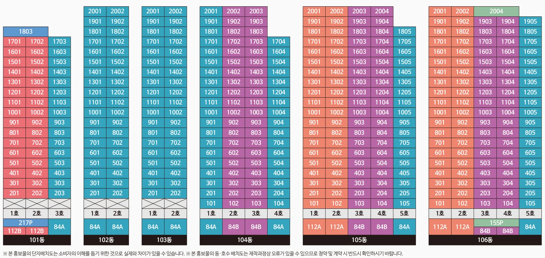 트리븐 김해 동·호수 배치표 - 101~106동 층별 호수와 84A·84B·112A·112B·155P·217P 라인