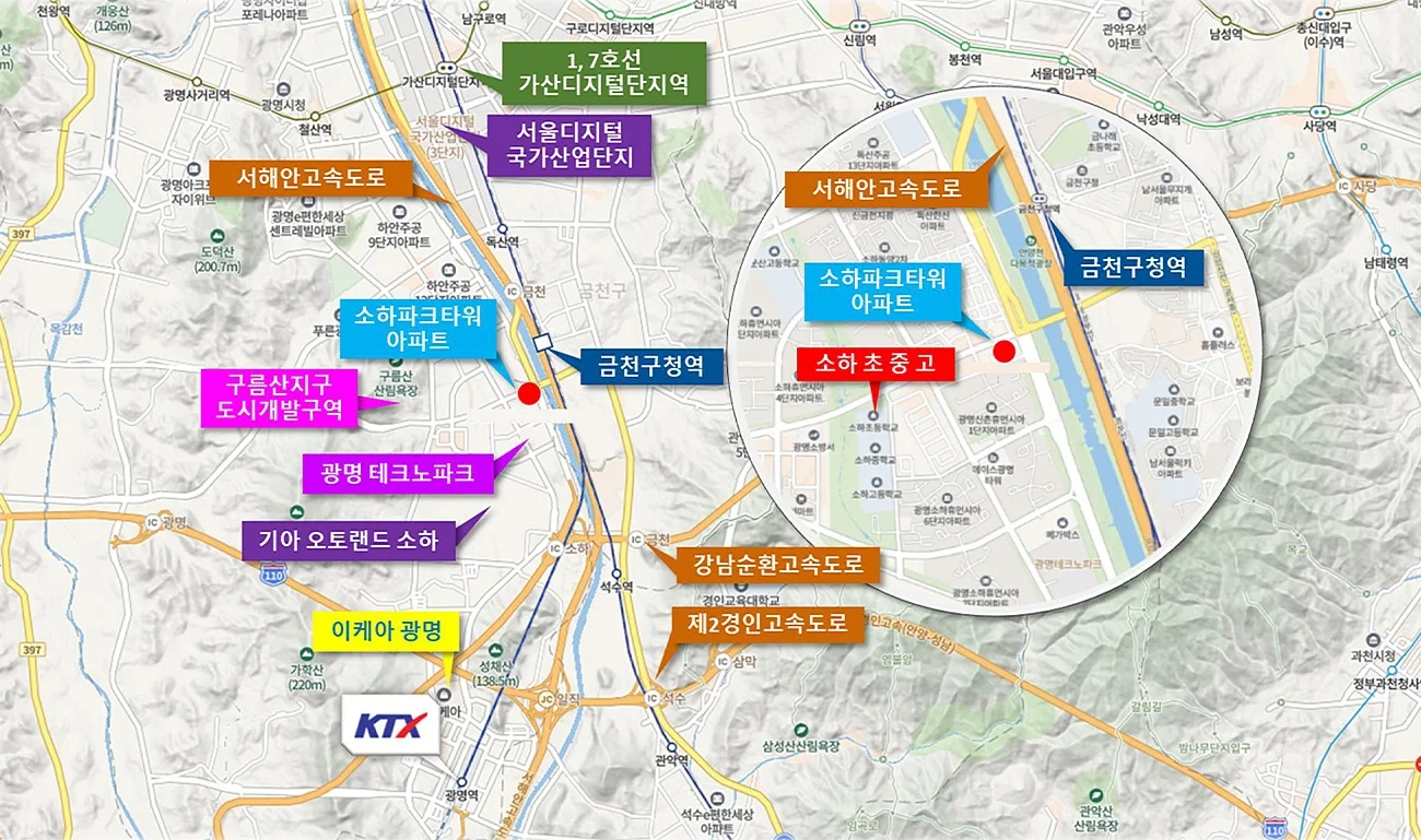 광명 소하 파크타워 위치도 — 1호선 금천구청역·가산디지털단지역, 서울디지털국가산업단지, 구름산지구 도시개발구역, 광명 테크노파크·기아 오토랜드 소하, KTX 광명역과 서해안·강남순환·제2경인고속도로, 단지 주변 소하 초중고 확대도
