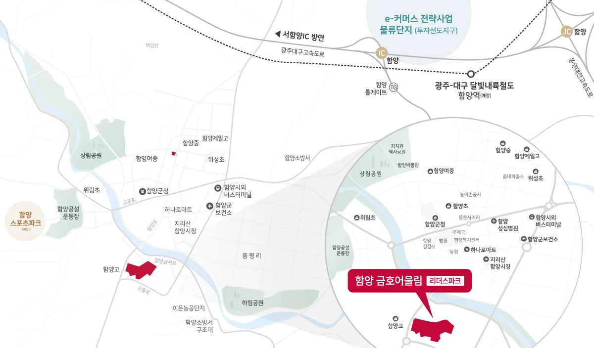 함양 금호어울림 리더스파크 위치도 — 광주대구고속도로 함양IC·통영대전고속도로 함양JC·달빛내륙철도 함양역(예정)과 함양고·함양군청·지리산 함양시장·상림공원·하림공원