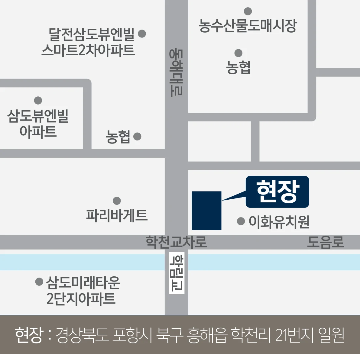 한화 포레나 포항 2차 현장 위치 약도 — 동해대로·학천교차로·도음로·학림교와 이화유치원·삼도뷰엔빌·농수산물도매시장 위치