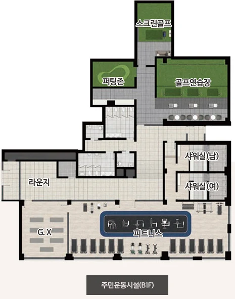 고덕국제신도시 수자인하우스디 지하 1층 주민운동시설 평면 - 피트니스·G.X룸·골프연습장·스크린골프·퍼팅존·샤워실·라운지