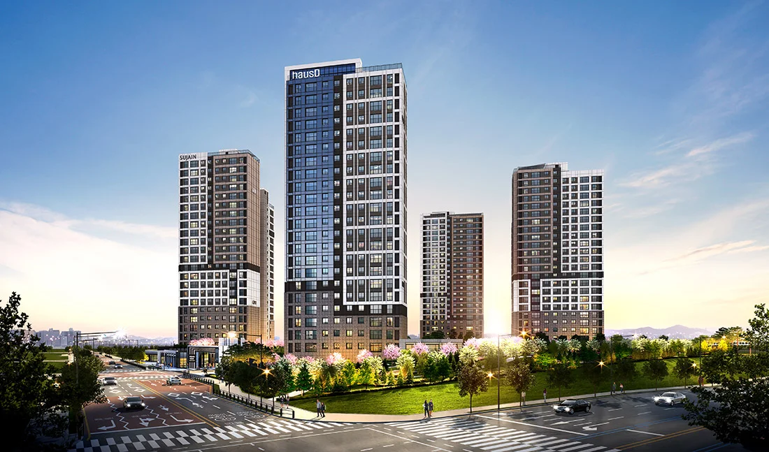 고덕국제신도시 수자인하우스디 단지 투시도 - 가운데 하우스디 주동과 양옆 주동, 앞쪽 공원과 사거리