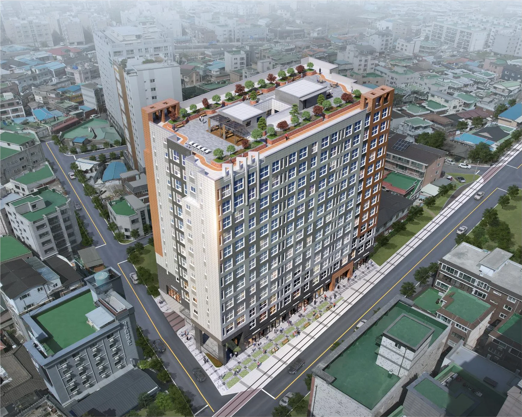 프라운트힐스 평택 조감도 — 신장동 주택가 사이 지상 13층 주동과 옥상정원, 1층 상가 보행로