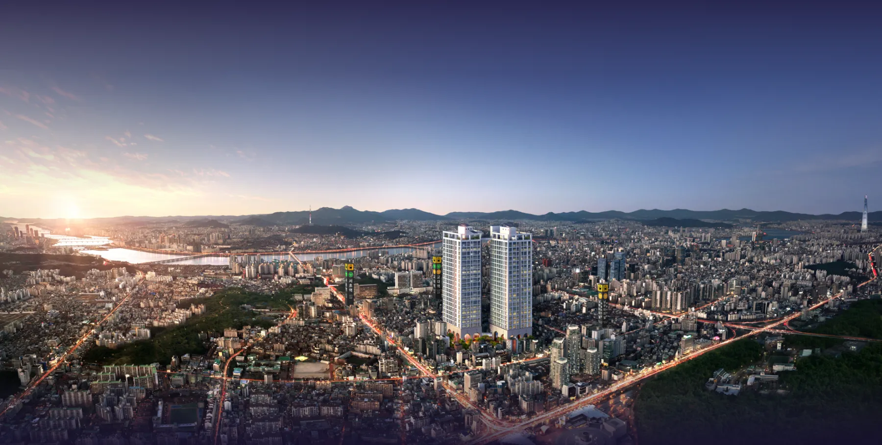 디오페라 서초 해링턴타워 서초동 일대와 한강을 배경으로 선 두 동의 조감도