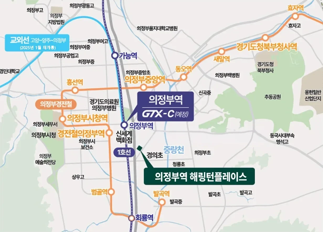 의정부역 해링턴플레이스 위치도 - 1호선 의정부역·GTX-C(예정), 의정부경전철, 교외선, 신세계백화점, 경의초, 중랑천